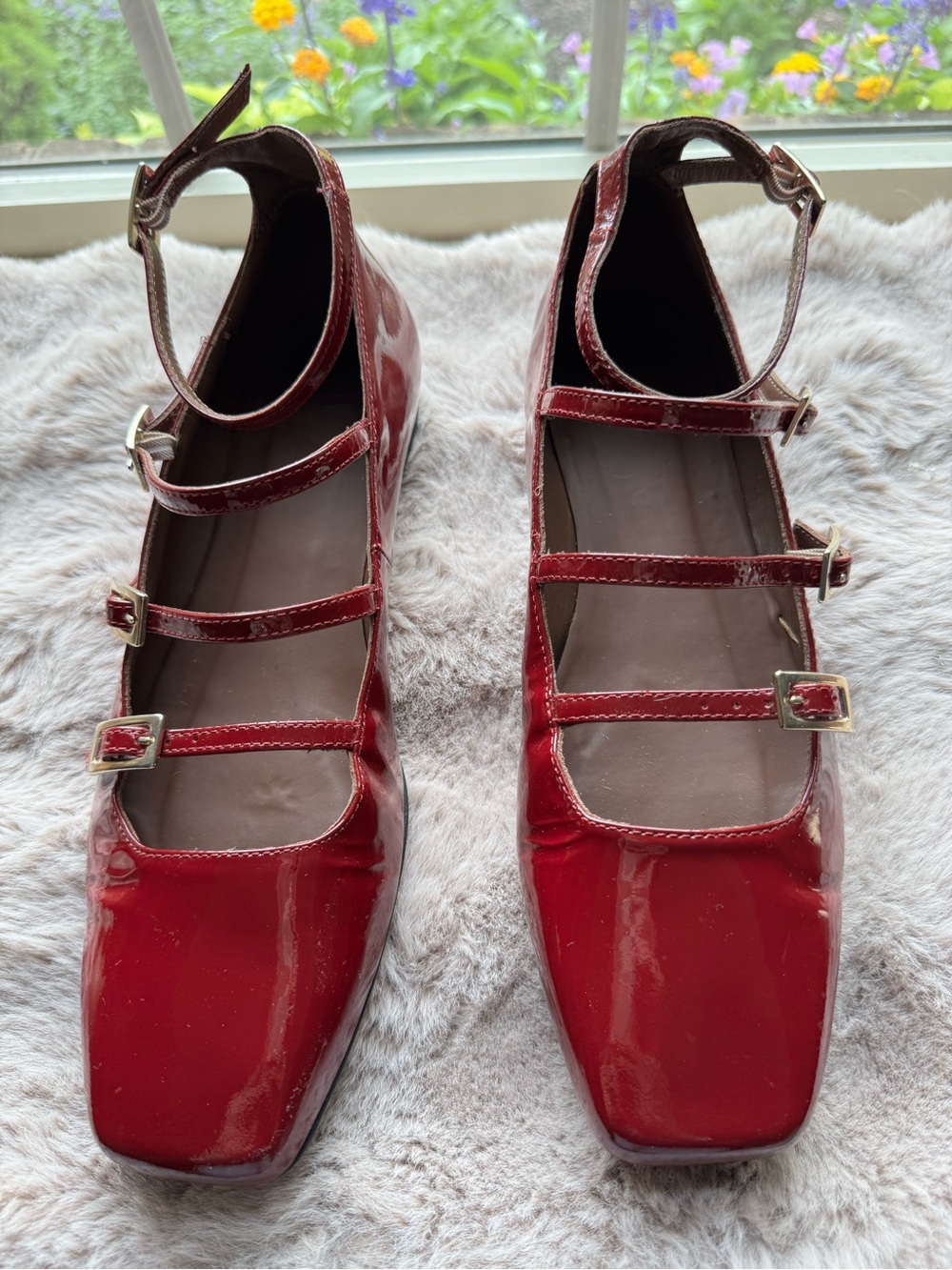 Alohas Patent Red Multi-Strap Mary Jane Flats with Ankle Buckle